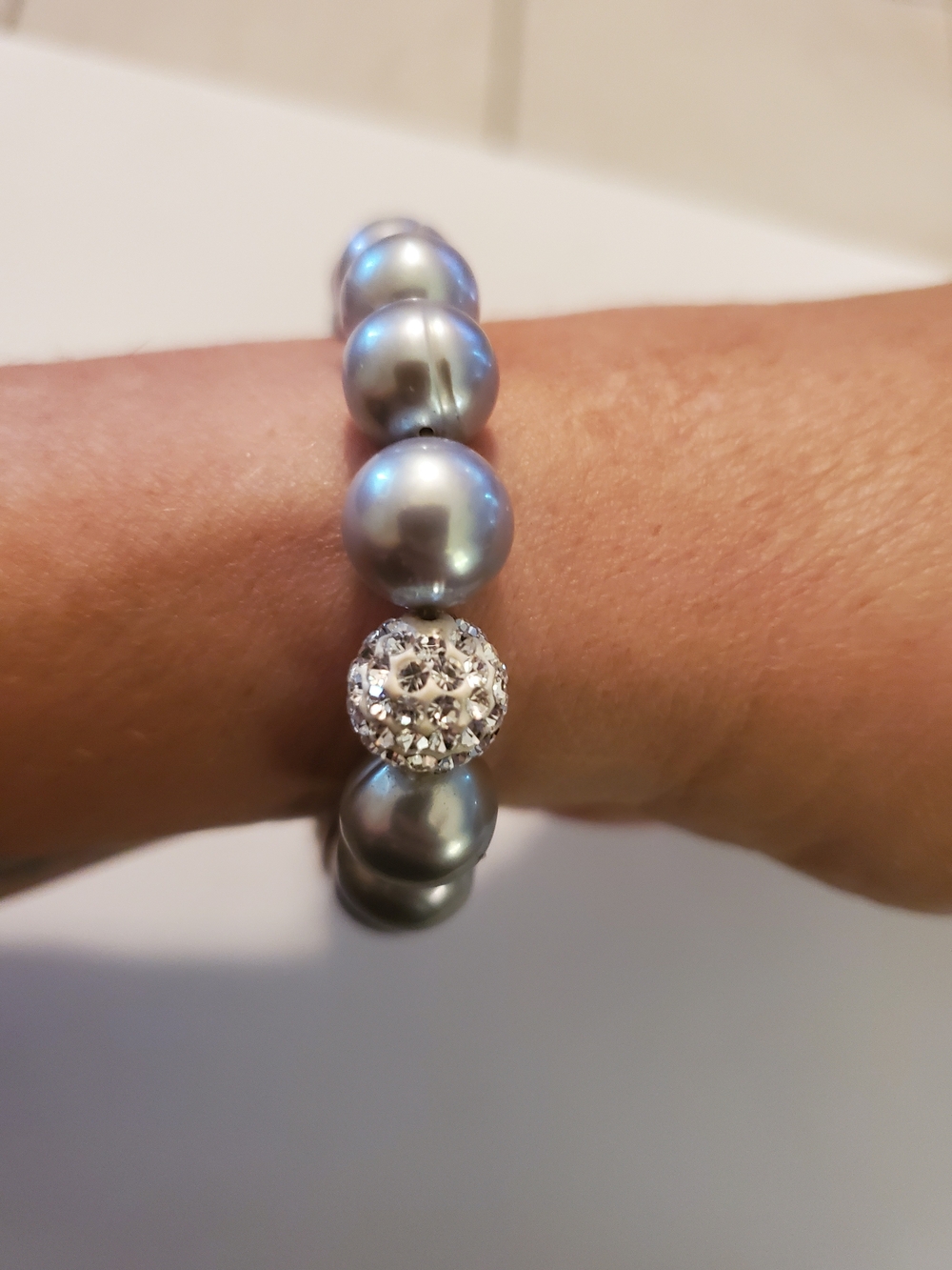 Silver Pearl & Crystal Bead Stretch Bracelet Elegant Women's Jewelry